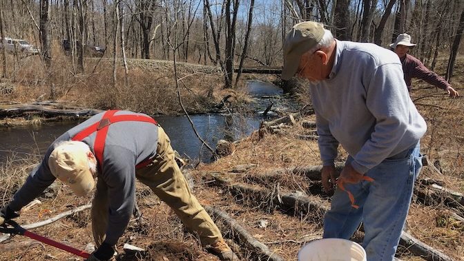 Members plant saplings to provide shade to cool river exposed by high tension power lines construction